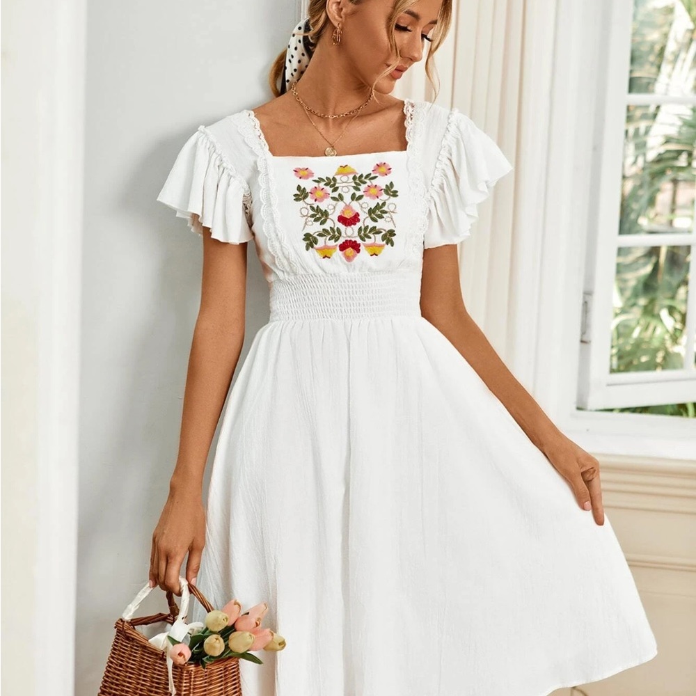 White Dress with Floral Embroidery